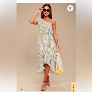 LULUS Dress Striped One Shoulder Ruffled High Low Hem Tie Belt Midi Size S NEW